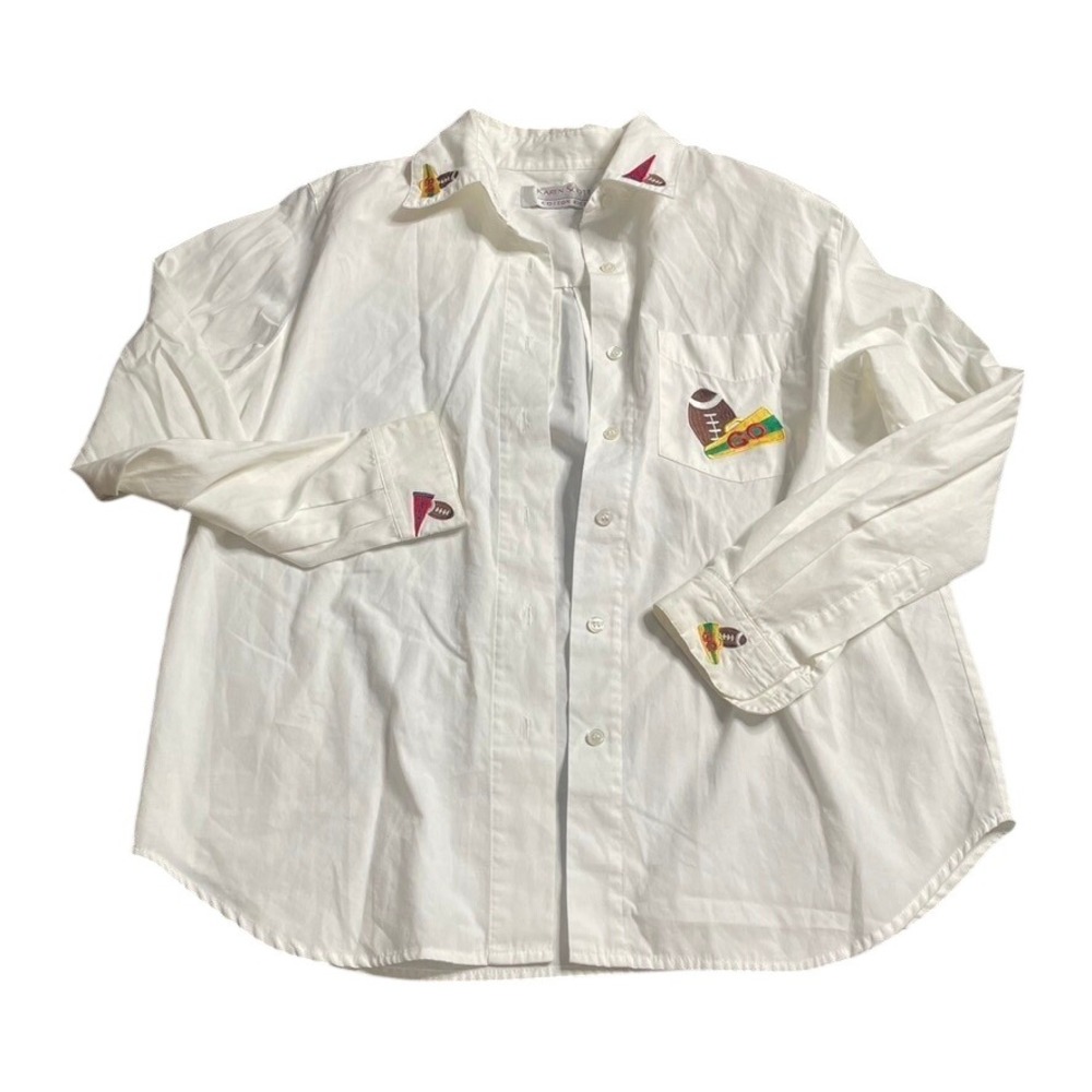Karen Scott Cotton Rich White Shirt with Football Cheerleader Embroidery Medium